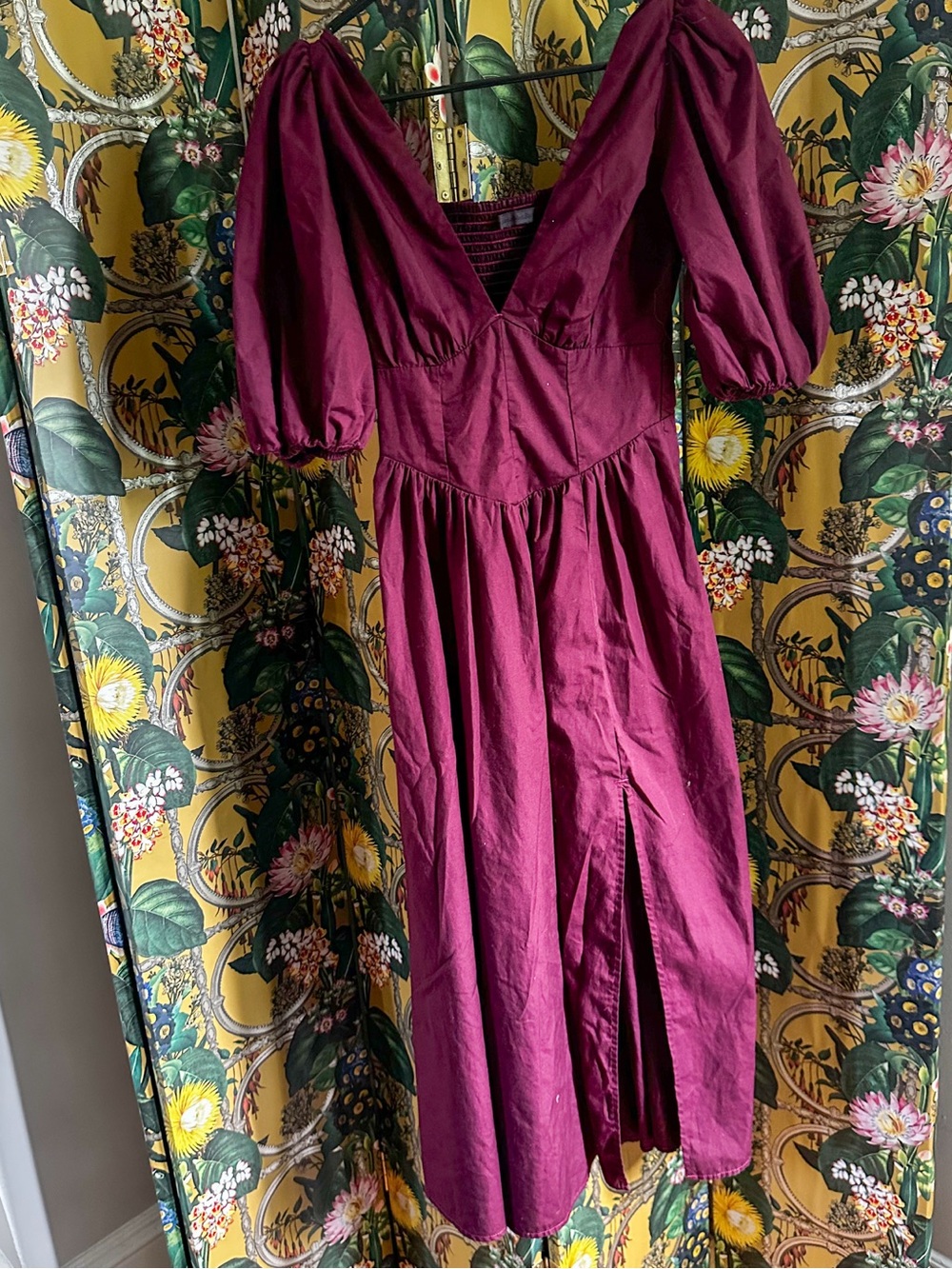 Abercrombie & Fitch Plum Puff-Sleeve V-Neck Midi Corset Midi Dress XS